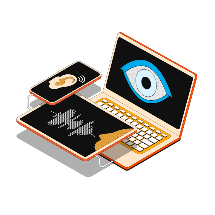 A laptop with an eye on the screen, connected to a tablet with audio waves on the screen connected to a smartphone with an ear hearing audio on the screen.